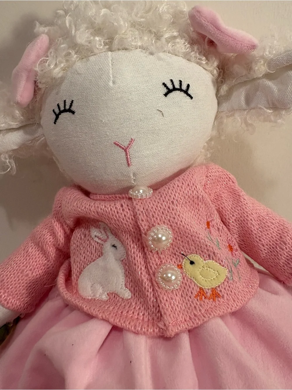 Soft Pink Lamb Plush Doll with Embroidered Bunny and Chick